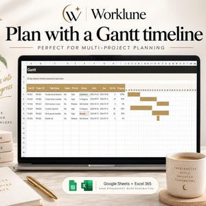 Gantt timeline spreadsheet showing project tasks, start dates, due dates, progress percentages and a 30-day visual schedule.