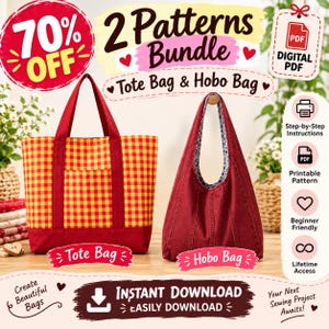 Op de afbeelding: Een digitale naaipatroonbundel voor een tote bag en een hobo bag. De tote bag heeft een rood en geel ruitpatroon met effen rode hengsels en bodem. De hobo bag is effen rood met een binnenkant met patroon. Inclusief tekst en iconen.