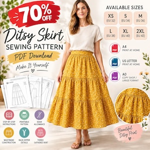May include: A digital sewing pattern for a tiered ditsy skirt with a yellow floral print. The image displays the text 70% OFF, Ditsy Skirt Sewing Pattern, PDF Download, Make It Yourself, and lists available sizes from XS to 2XL with EU equivalents.