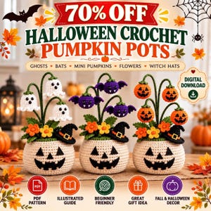 May include: Three crocheted pumpkin pots featuring jack-o'-lantern faces, topped with green stems and various Halloween motifs including white ghosts, purple bats, and orange pumpkins, alongside small flowers and witch hats.