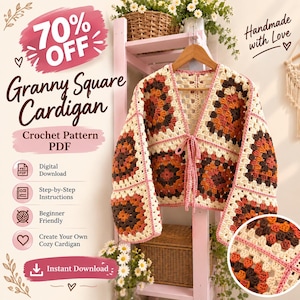 May include: A crochet granny square cardigan pattern PDF featuring a digital download, step-by-step instructions, and beginner-friendly guidance. The cardigan is made of cream, brown, and orange squares with a pink tie front closure.