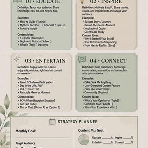 May include: A beige content pillars worksheet featuring four sections: Educate, Inspire, Entertain, and Connect. It includes a strategy planner with fields for goals, target audience, and a content mix chart, plus a planning checklist with checkboxes.