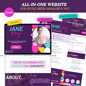 May include: A digital website template for social media managers and virtual assistants featuring a purple and pink color scheme. The layout includes sections for a portfolio, resume, and client onboarding, with text reading Jane Renny, Grow Your Brand With Content That Converts, and About Me.
