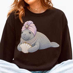 Glamorous Manatee Sweatshirt, Funny Sea Cow Crewneck, Pearl Animal Pullover, Ocean Gift