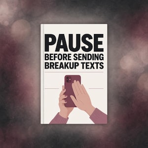 Może przedstawiać: Okładka książki z białym tłem i pogrubionym czarnym napisem PAUSE BEFORE SENDING BREAKUP TEXTS. Poniżej tekstu znajduje się ilustracja dwóch dłoni trzymających ciemnofioletowy smartfon, przy czym jedna dłoń jest uniesiona w geście zatrzymania.