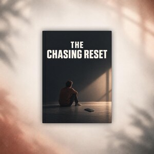 Könnte beinhalten: Ein rechteckiges Buchcover mit dunklem Hintergrund und dem weißen Text THE CHASING RESET im oberen Bereich. Unter dem Text sitzt eine Person auf dem Boden, dem Licht zugewandt, mit einem kleinen rechteckigen Gegenstand in der Nähe.