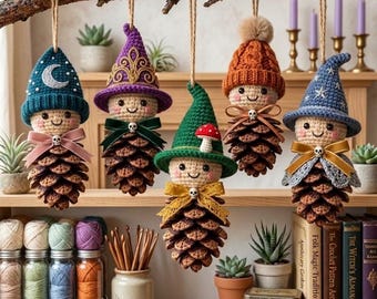May include: Five hanging ornaments made from pinecones with crocheted heads and hats. Each figure features a unique hat, a small skull charm on a ribbon, and a smiling face. The ornaments hang from a wooden branch above a shelf with yarn and books.