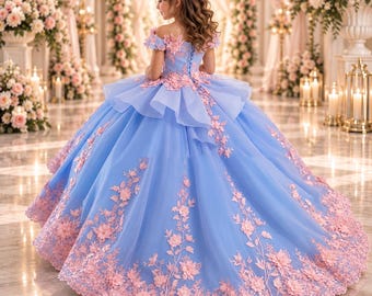 Luxury Blue Flower Girl Dress: Lace Appliqué, Off-Shoulder V-Neck Ball Gown