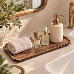 May include: A rectangular dark wood tray holding a rolled beige hand towel, a clear glass perfume bottle with a wooden cap, a small clear glass dropper bottle with a white top, and a cylindrical beige speckled soap dispenser with a gold pump.