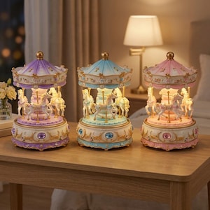 May include: Three carousel music boxes in purple, blue, and pink. Each features a conical roof, white horses on gold poles, and a circular base decorated with gold filigree, pearl-like beads, and a large central gemstone in a matching colour.