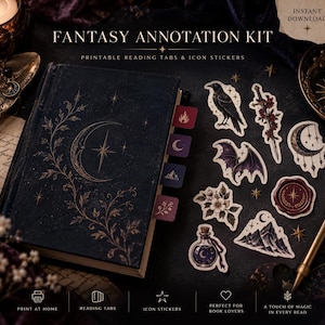 May include: A dark blue book with gold celestial foil stamping, featuring a crescent moon and vine design. Beside it are various stickers including a raven, sword, bat wings, flowers, mountains, a potion bottle, and a wax seal, plus reading tabs.