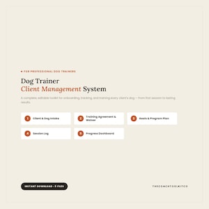 May include: A digital document titled Dog Trainer Client Management System for professional dog trainers. It lists five components: Client & Dog Intake, Training Agreement & Waiver, Goals & Program Plan, Session Log, and Progress Dashboard.