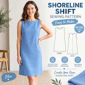 Könnte beinhalten: Ein ärmelloses blaues Etuikleid mit U-Boot-Ausschnitt. Das Bild enthält den Text SHORELINE SHIFT SEWING PATTERN, Easy to Make, XS-2XL SIZES, STEP BY STEP INSTRUCTIONS, INSTANT DOWNLOAD, BEGINNER FRIENDLY und Create Your Own SHORELINE SHIFT.