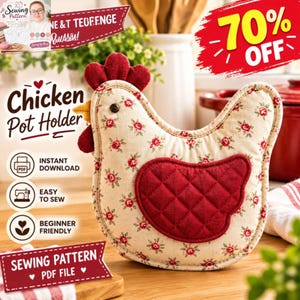 Chicken Pot Holder Sewing Pattern PDF, Chicken Oven Mitt Pattern, Farmhouse Kitchen Potholder, Quilted Hot Pad