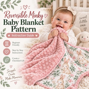 May include: A digital instruction guide for a Reversible Minky Baby Blanket Pattern. The text includes 'Reversible Minky Baby Blanket Pattern', 'Instruction Guide', 'Beginner Friendly', 'Step-by-Step Instructions', and 'Create a Cherished Gift'.