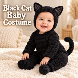 May include: A black crochet baby costume featuring a long-sleeved onesie with an attached tail and a matching hood with pointed cat ears. The text Black Cat Baby Costume is visible in the upper left corner of the image.