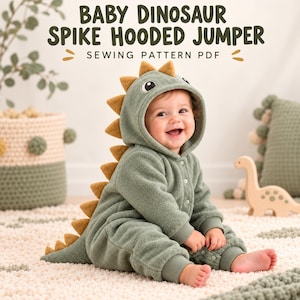 May include: A sage green fleece hooded jumper featuring a row of soft mustard yellow spikes along the back and hood. The text BABY DINOSAUR SPIKE HOODED JUMPER SEWING PATTERN PDF is displayed above. The garment has a front snap closure.