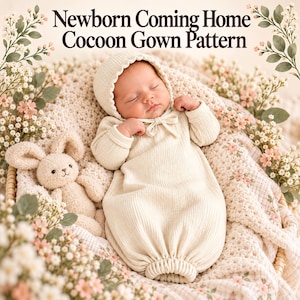 May include: A cream-coloured ribbed newborn cocoon gown and matching bonnet with a tie closure. The text Newborn Coming Home Cocoon Gown Pattern is displayed above. A plush beige rabbit toy rests beside the infant on a textured blanket.