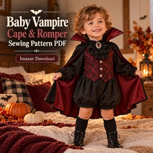 May include: A sewing pattern PDF for a baby vampire cape and romper. The costume features a black cape with a deep red lining, a black and red patterned vest with three gold buttons, a ruffled collar with a red gem, and black shorts.