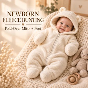 Op de afbeelding: Een crèmekleurige fleece-bunting voor pasgeborenen met een capuchon voorzien van kleine berenoortjes. Het kledingstuk heeft een ritssluiting aan de voorzijde, omslagwanten en geïntegreerde voetjes. Tekst op de afbeelding: NEWBORN FLEECE BUNTING.