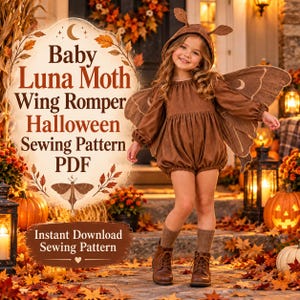 May include: A brown long-sleeve romper with a hood featuring moth antennae and large attached moth wings. The text on the image reads: Baby Luna Moth Wing Romper Halloween Sewing Pattern PDF. Instant Download Sewing Pattern.