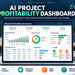 Può includere: Uno schermo di un computer portatile che mostra una dashboard di redditività del progetto basata su IA, con visualizzazioni di dati tra cui un grafico a linee del trend dei profitti, un grafico a ciambella e grafici a barre.