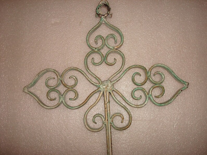 Vintage 1960s Distressed Heavy Wrought Iron Cross Wall Decor 18 Tall image 4