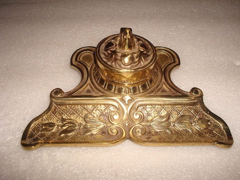 Antique Brass Inkwell With Pen Holder Tray Desk Organizer Image 0