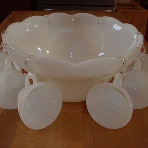Milk Glass Nine Piece Harvest Grapes Pattern Punch Bowl Set Etsy