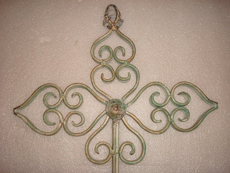 Vintage 1960s Distressed Heavy Wrought Iron Cross Wall Decor 18 Tall image 2