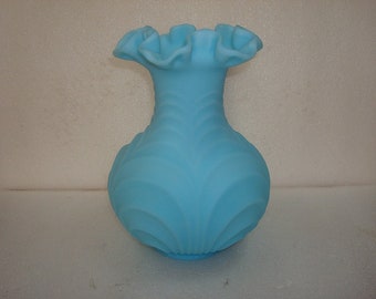 Large Vintage Powder Blue Satin Glass Drapery Style Ruffled Top Fenton Vase 8" Tall