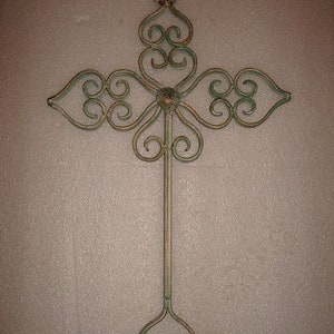 Vintage 1960s Distressed Heavy Wrought Iron Cross Wall Decor 18 Tall image 3