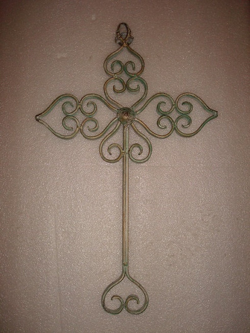 Vintage 1960s Distressed Heavy Wrought Iron Cross Wall Decor 18 Tall image 3
