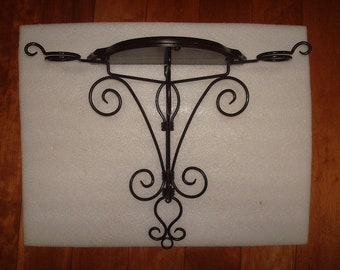 Unique Wood And Curled Black Wrought Iron Metal Wall Shelf With Candle / Plant Holders 16 1/2" Tall 21 1/2" Wide