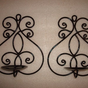 Set Of Two Curled Black Wrought Iron Metal Candle Wall Sconce 10 1/2&quot; Tall
