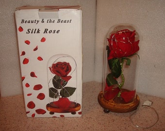 Disney's Light Up Silk Rose Under Glass Dome From Beauty And The Beast With Original Box 9 1/4" Tall