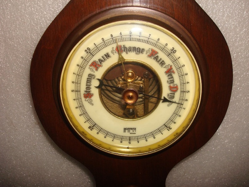 Barometer Wood And Brass Weather Station Wall Hanging Vintage Hoffritz NY Germany Thermometer
