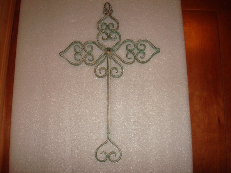 Vintage 1960s Distressed Heavy Wrought Iron Cross Wall Decor 18 Tall image 1