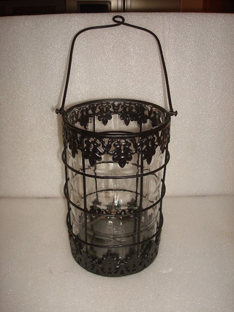 Large Black Wrought Iron Hanging Candle Holder With Glass Etsy