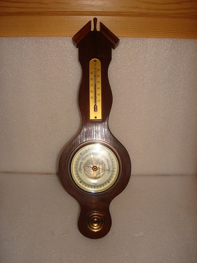 Barometer Wood And Brass Weather Station Wall Hanging Vintage Hoffritz NY Germany Thermometer