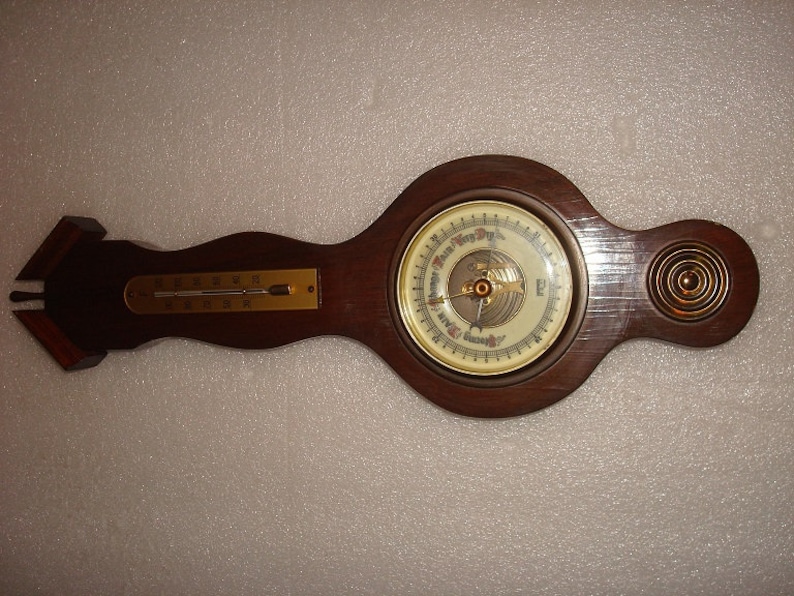 Barometer Wood And Brass Weather Station Wall Hanging Vintage Hoffritz NY Germany Thermometer