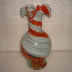 Large Murano Style Swirled Mint Green And Orange Art Glass Flower Vase / Bud Vase 9 3/4" Tall