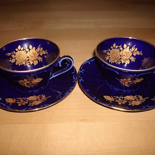 Set Of Two Bareuther Waldsassen Echt Cobalt Blue Cup And Saucer Set, 14K Gold Leaf And Trim
