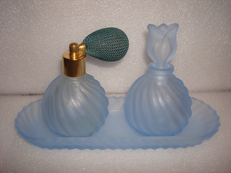 Frosted Blue Glass Perfume Bottle Set Vanity With Tray