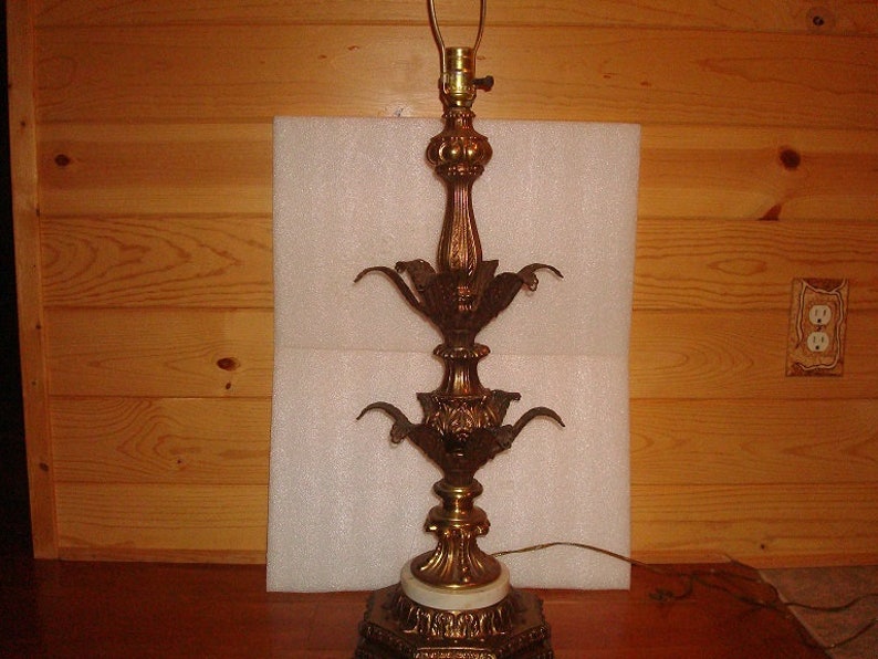 Antique Vintage Rare Large Heavy Italian Florentine Brass And Marble Lamp Table Lamp 36 Tall With Finale