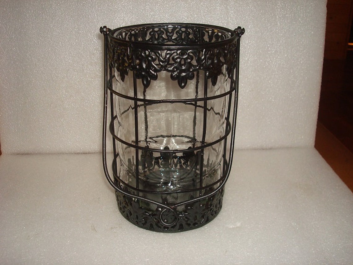 Large Black Wrought Iron Hanging Candle Holder With Glass Etsy