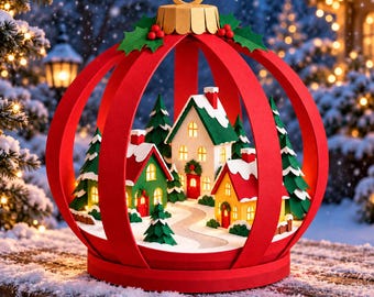 May include: A spherical red Christmas ornament frame containing a miniature winter village scene with illuminated houses, green pine trees, and snow-covered roofs. The structure is topped with a gold cap and green holly leaves.