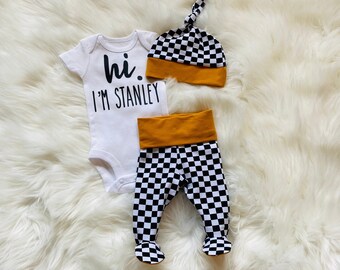Newborn Boy Coming Home Outfit, checkered baby joggers, Boy coming home outfit, Baby Brother newborn boy take home outfit, preemie outfit