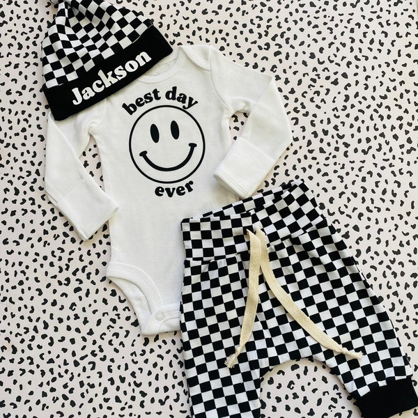 baby boy coming home outfit, Black and white checkered newborn Boy Coming Home Outfit, newborn Boy outfit, onesie newborn boy take home