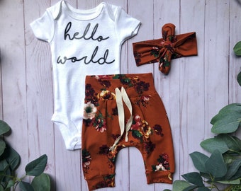 Newborn girl coming home outfit, baby girl take home outfit, preemie girl coming home set, hello world preemie take home outfit